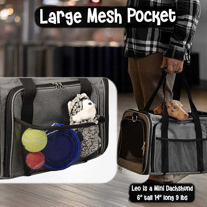 Pet Carrier with Wheels | United Delta American Frontier Airline Approved | Two Expandable Sides, Storage Pockets Adjustable Leash | Rolling Dog and Cat Carrier TSA Compliant (Grey)