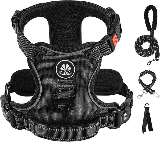 IVY&LANE No Pull Dog Harness for Large Dogs, Dog Vest Harness with Leash, Safety Belt and Storage Strap, Fully Adjustable Harness, 360° Reflective Strip, Soft Handle (Black, L)