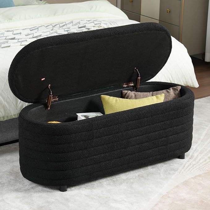 Storage Ottoman Bench Upholstered Fabric Storage Bench End of Bed Stool with Safety Hinge for Bedroom, Living Room, Entryway (45.5-inch, Black)