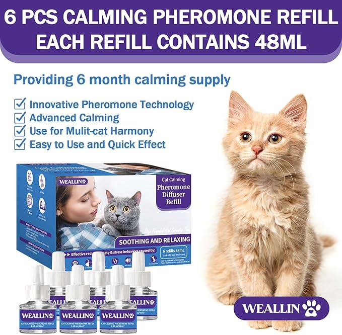 6 Pack Cat Calming Diffuser Refills - Cat Pheromones Calming Diffuser Refill Relieve Anxiety & Stress 6 Month Supply, Cat Pheromone Diffuser Refills (Fits All Common Diffuser Heads)