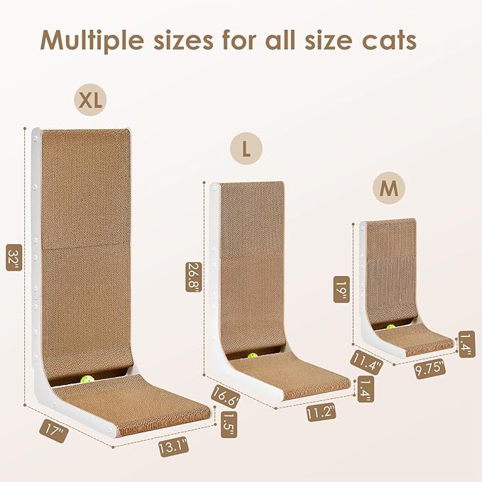 EHEYCIGA Cardboard Cat Scratcher for Indoor Cats, 32 Inch L Shaped Vertical Cat Scratching Board with Ball Cat Toy, Extra Large Cat Scratcher Pad, White