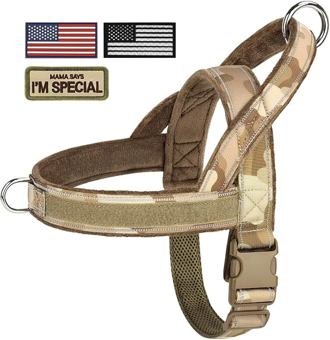 Forestpaw No Pull Dog Harness - Soft Flannel Padded Tactical Dog Vest Harness with Quick Release Buckle, Adjustable Reflective Pet Harness for Medium Dogs Walking Training,Brown Camouflage M