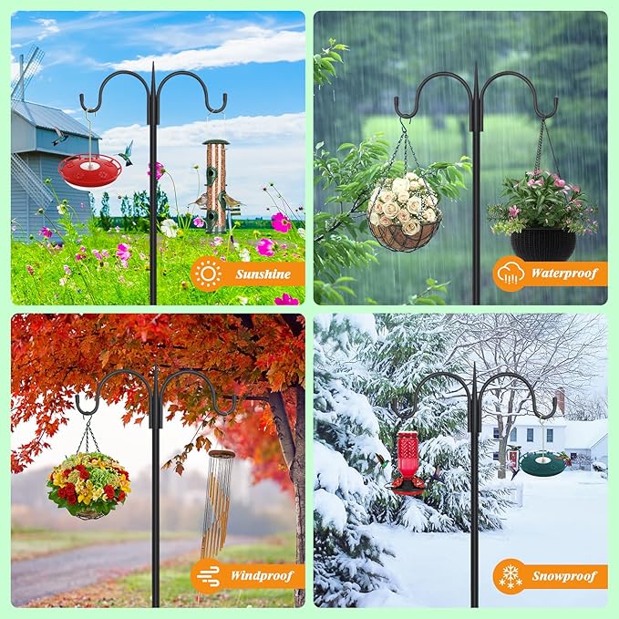 FEED GARDEN Adjustable Double Shepherds Hook for Outdoor with 5 Prong Base 76 Inch Heavy Duty Two Sided Bird Feeder Pole for Hanging Plant Baskets, Solar Light Lanterns, Wind Chimes 2 Pack