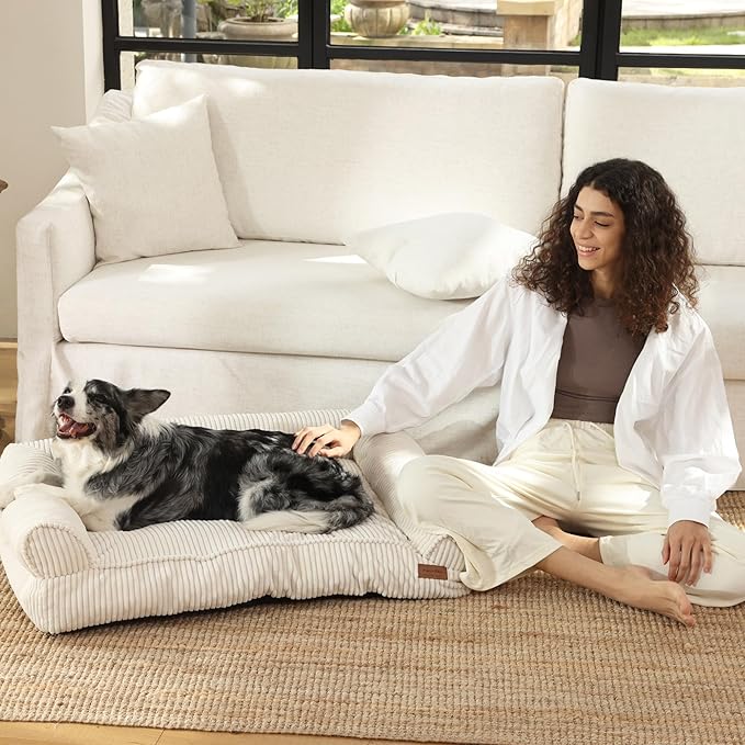 FUKUMARU Cute Dog Bed, Fluffy Pet Bed with TPU Layer Keeping Lining Dry, Dog Couch Medium Size Dogs Easy to Care, Warm Cat Bed with Removable Zipper Cover, 36inch, Large, Cream