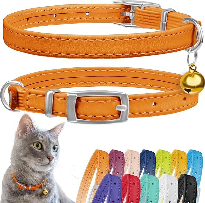 CollarDirect Leather Cat Collar, Cat Safety Collar with Elastic Strap, Kitten Collar for Cat with Bell Black Blue Red Orange Lime Green (Neck Fit 6"-7", Orange)