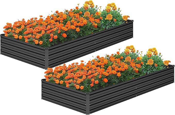 MGNO 2pcs 8x4x1FT Galvanized Raised Garden Bed-Outdoor Planter Box for Vegetables-Metal Garden Bed,Rectangle Planting Box for Herb,Flower,Black