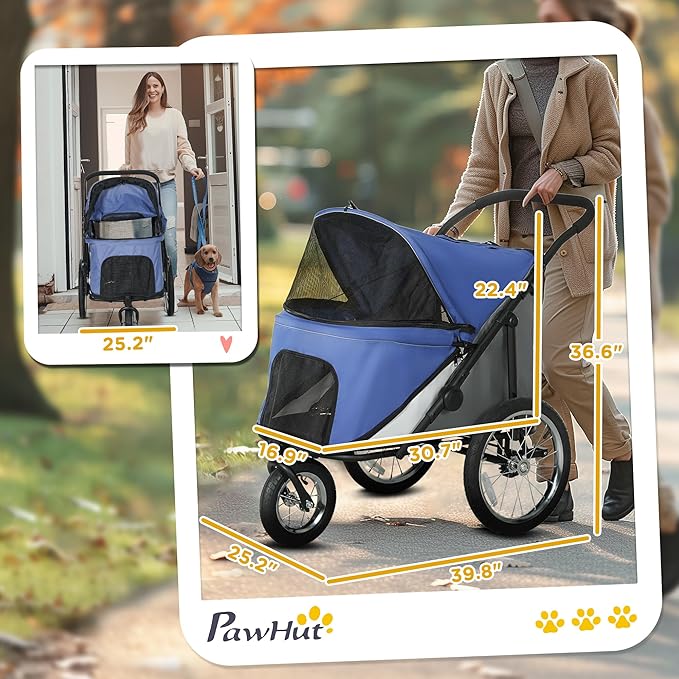 PawHut Dog Stroller, Pet Stroller 3 Wheels with Easy One-Hand Fold, Rubber Wheels, Storage Bag, Soft Cushion, Safety Leash, for Small & Medium Dogs, Blue