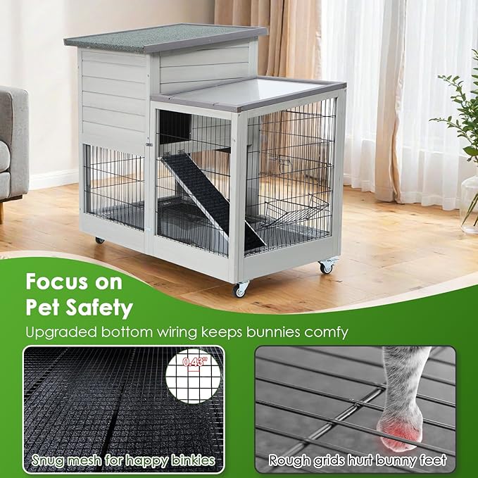 Rabbit Hutch Indoor Bunny Cage Outdoor House with Urine Guards and 2 Trays for Small Animals Guinea Pigs