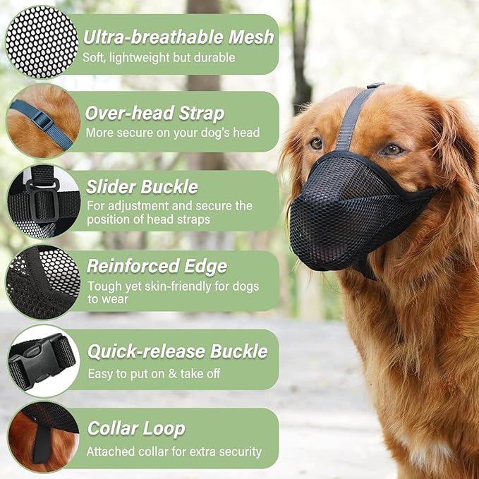 Mayerzon Dog Muzzle, Patented Soft Mesh Muzzle for Small Medium Large Dogs for Scavenging Biting Licking and Chewing, Allows to Pant and Drink (M, Black)