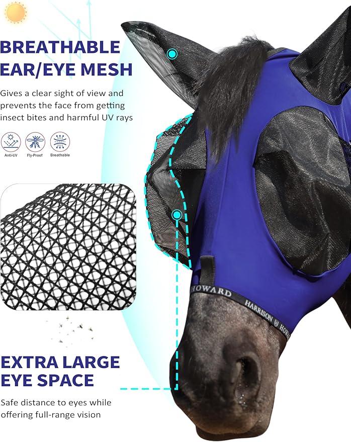 Harrison Howard Horse Fly Mask with Forelock Opening Stretch Breathable and Comfortable for Horses UV -Protection Navy L