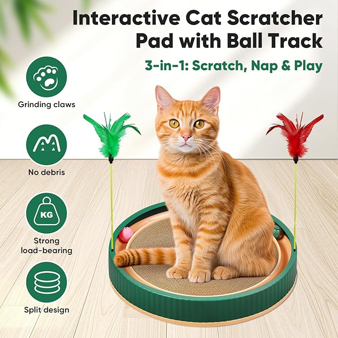 20-Inch Round Cat Scratcher with Ball Track – 3-in-1 Cardboard Scratching Pad with Feather Toy & Non-Slip Base – Interactive Cat Toy for Indoor Cats, Kittens & Large Cats (Green)
