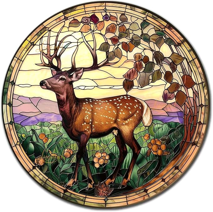 Lygond Metal Sign Tin Sign Circular Stained Glass Deer Vintage Sign for Restaurant 8×8 Inches