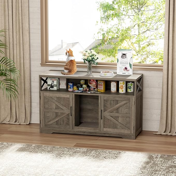 Cat Litter Box Enclosure for 2 Cats, 47" Double Hidden Litter Box Furniture with Scratch Pad, Farmhouse Indoor Litter Box Cabinet Cat Washroom, Grey