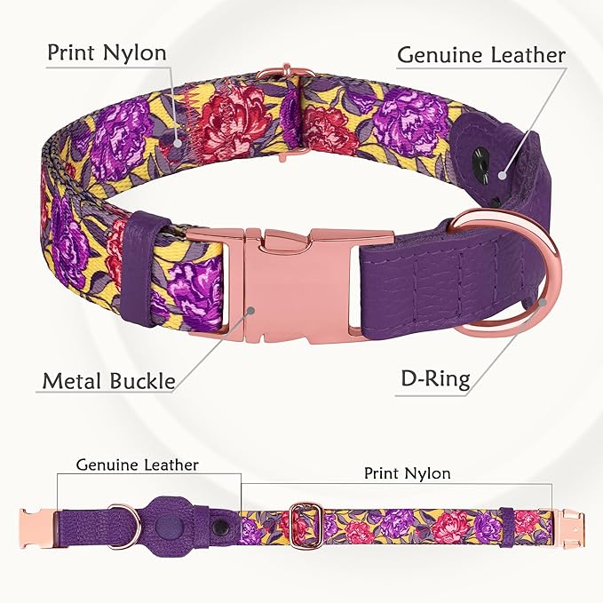 AirTag Dog Collar for Small Medium Large Breed - Adjustable Cute Pattern Dog Collar with Airtag Holder - Soft Leather Tracker GPS Apple Air Tag Pet Collars (X-Small, 9"-12" Neck Fit, Peonies)