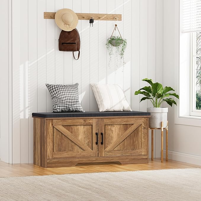 2-Tier Storage Bench, Shoe Bench with Padded Seat Cushion, Entryway Bench with 2 Barn Doors, Adjustable Shelf, 13.8" D x 39.4" W x 17.7" H, for Entryway, Living Room, Bedroom, Rustic Walnut