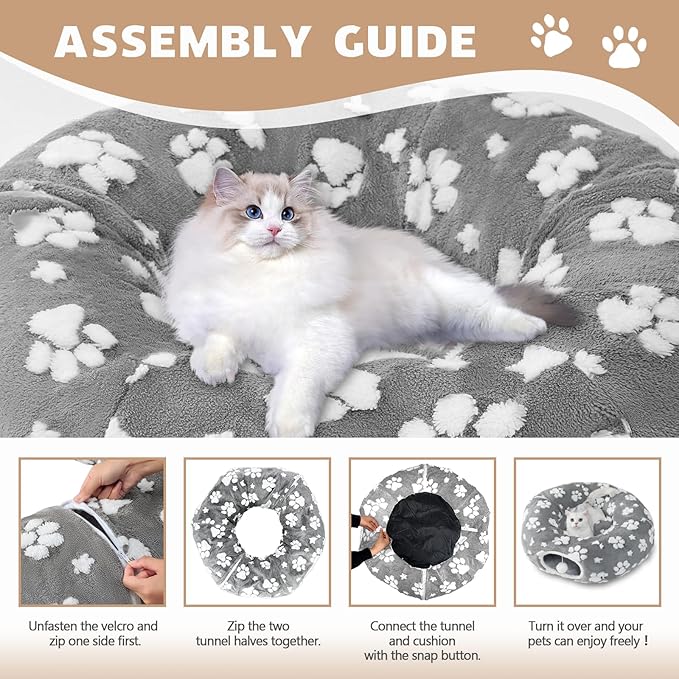 Cat Tunnel for Indoor Cats, Cute Peekaboo Cave with Dangling Balls, Pet Donut Tunnel Bed with Circle Mat for Puppy Kitten Rabbit, Grey