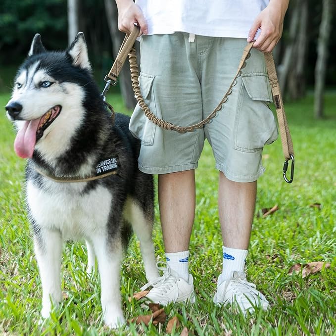 EXCELLENT ELITE SPANKER Tactical Bungee Dog Leash Military Adjustable Dog Leash Quick Release Elastic Leads Rope with 2 Control Handle(Black