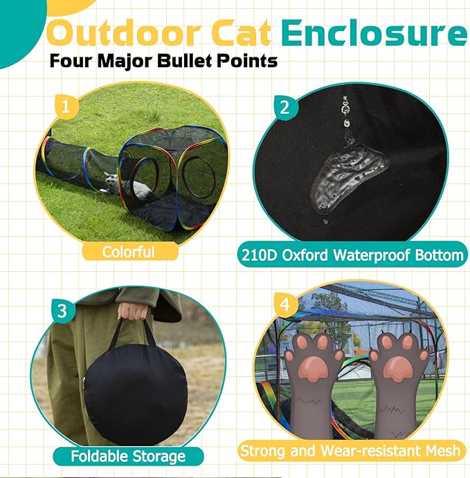 LUCKITTY Outdoor Rainbow Cat Enclosures Playground,Outside House for Indoor Cats Include Portable Tent, 2 Way with 2 Cube Tunnel, for Kitty and Small Animals,Within Storage Bag