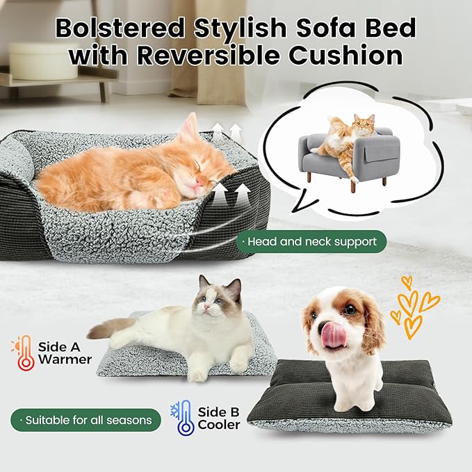 Miguel Washable Dog Bed with Removable Cushion for Medium Small Dogs, Easy to Wash Pet Sofa Bed with Side, Rectangle Bolster Cat Bed Calming Cuddle Puppy Bed with Anti-Slip Bottom, Gray 30 Inch