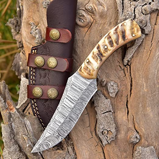 Handcrafted Damascus Hunting Knife: Sheep Horn Handle, 8.5-inch Overall Length, Leather Sheath - KBS Knives Store