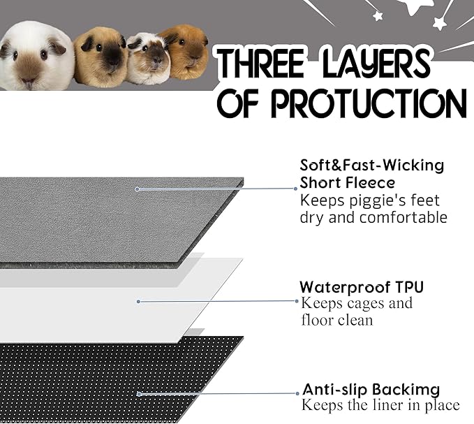 Guinea Pig Cage Liner, 1 Pack - Washable, Reusable, Leakproof Fleece Bedding Pads for Small Animals with Anti-Slip Bottom - for C&C 2X3 Area, Gray