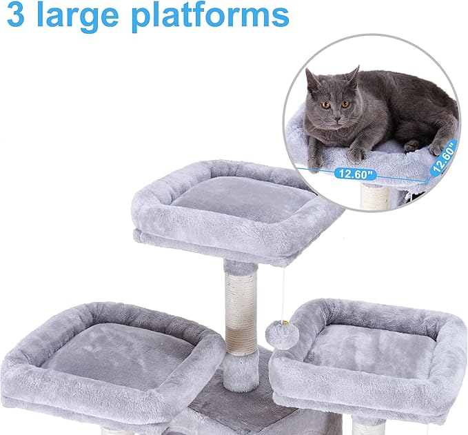 Hey-brother Cat Tree, 71 inches XL Large Cat Tower for Indoor Cats, Multi-Level Cat House with 3 Padded Perches, Big Scratcher, Cozy Basket, 2 Cat Condos and Scratching Posts, Light Gray MPJ034W