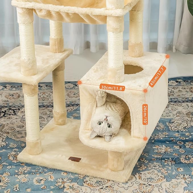 73 inches Large Cat Tree for Indoor Cats, Tall Cat Tower with Sisal Scratching Posts and Pads, Padded Plush Perch, Cozy Basket, Plush Condo for Large Cats (Beige)