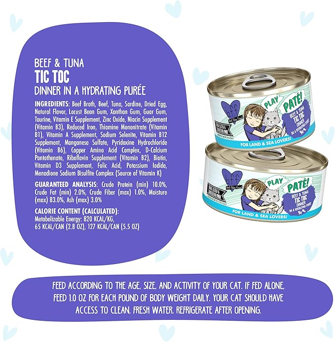 Weruva B.F.F. Play - Best Feline Friend Paté Lovers, Aw Yeah!, Beef & Tuna Tic TOC with Beef & Tuna, 2.8oz Can (Pack of 12)