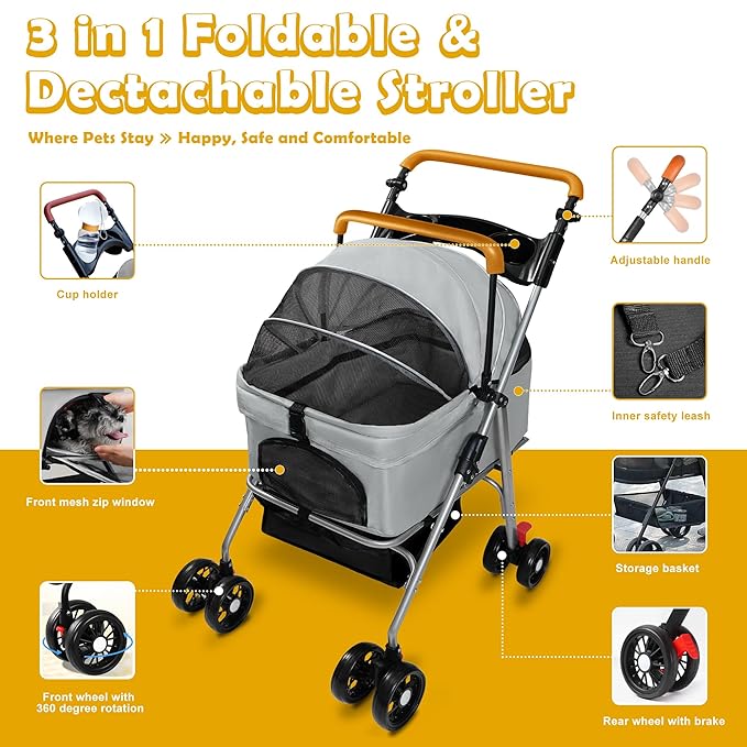 Pet Stroller with Storage Basket and Cup Holder, Folding Dog Jogger, Foldable Cat Stroller, 3 in 1 Puppy Kitten Cart, Pet Jogger for Medium Dog Cat (Gray)
