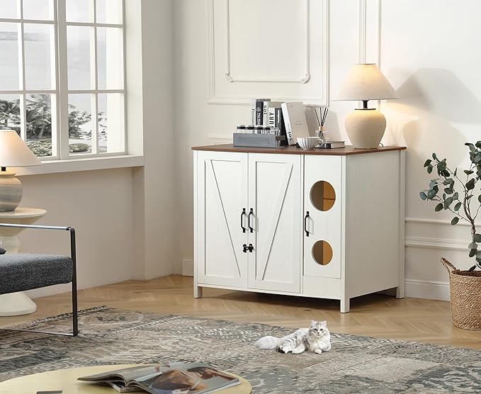 Cat Litter Robot Enclosure, Automatic Litter Box Enclosure for Litter Robot 3/4,Cat-Exclusive entrace for Dog Proof and Fun,Power Outlet for cat Litter Cabinet,Litter Collector,Antique White