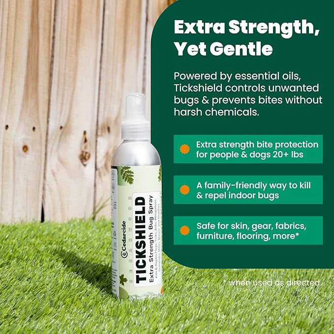 Cedarcide Extra- Strength Tickshield | Deep Woods Cedar Oil Tick & Mosquito Repellent Spray Kills & Repels Ticks, Fleas, Chiggers and Mosquitoes| For People & Pets | Natural Essential Oils | 4 Oz