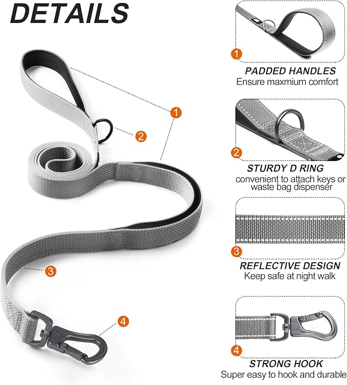 TwoEar 4FT 1IN Strong Gray Dog Leash with 2 Padded Handles, Traffic Handle Extra Control, Comfortable Soft Dual Handle, Auto Lock Hook, Reflective Walking Lead for Small Medium and Large Dogs
