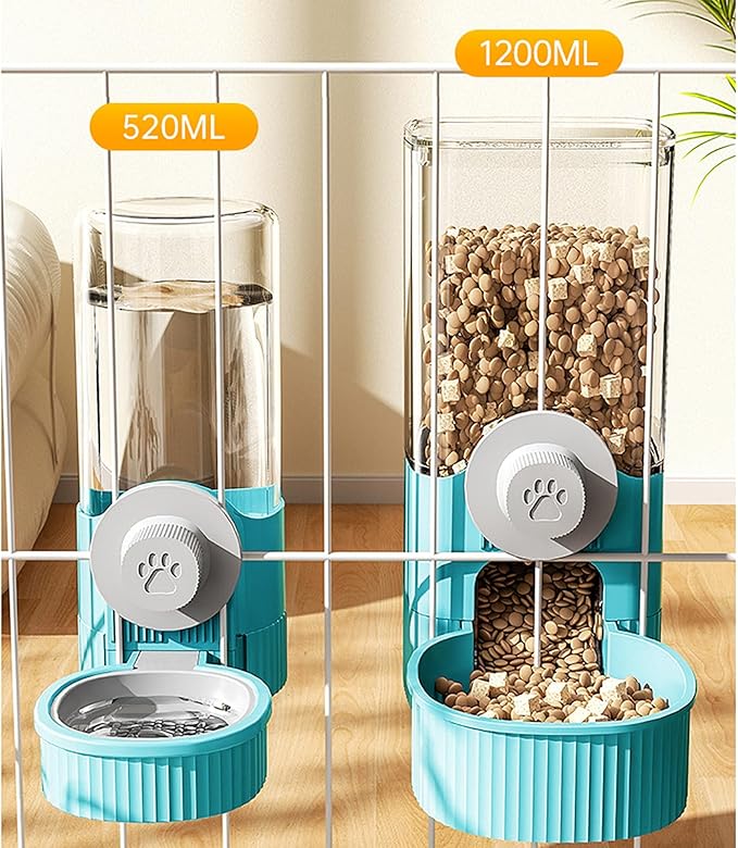 GKYZBB Hanging Automatic Food Water Dispenser,Rabbit Feeder Guinea Pig Water Bottle Food Feeder for Ferret Guinea Pig Rabbit Bunny Cage Accessories (Blue, 520ml+1200ml)