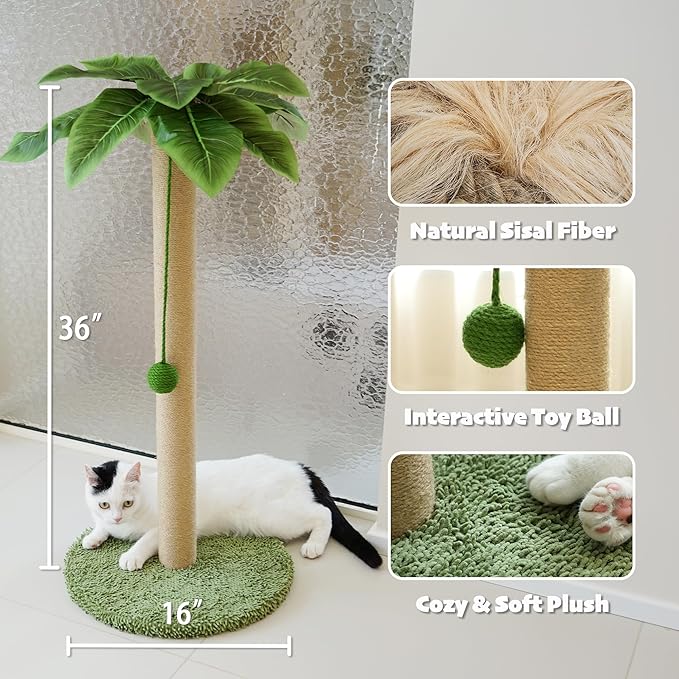 PETKARAY Cat Scratching Post with Cat Beach Chair, 36" Tall Palm Tree Cat Scratching Post, Large Sisal Cat Scratcher for Indoor Kittens