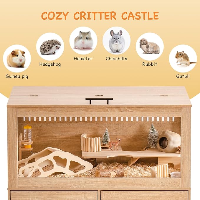 Mewoo Large Hamster Cage, Hamster Cage with Storage Cabinet, Large Habitats Hamster House with View Acrylic Panels and Drawer, Small Animal Cage for Guinea Pig, Rat, Hedgehog, Ferret