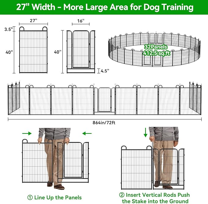 Dog Playpen Outdoor 32 Panels Heavy Duty Dog Fence 40" Height Anti-Rust with Doors Portable for RV Camping Yard, Total 71FT, 406 Sq.ft, Snowy Black