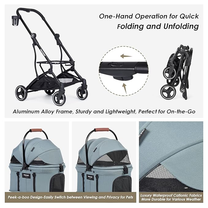 T3 3-in-1 Small Pet Stroller for Dog & Cats, 4 Wheels with Detachable Carrier with Pad, Canopy and Cup Holder (Green)