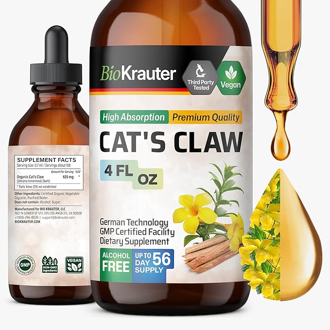 BIO KRAUTER Cats Claw Tincture - Liquid Cats Claw Herb for Immune Support - Alcohol & Sugar Free - Vegan Drops 4 Fl.Oz.
