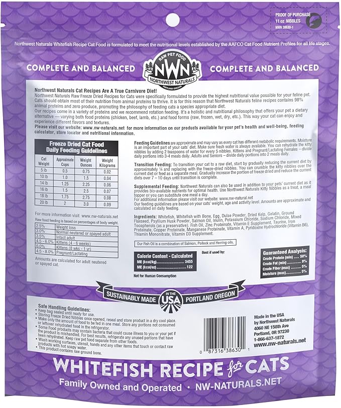 Northwest Naturals Freeze-Dried Whitefish Cat & Kitten Food – Bite-Sized Nibbles, Healthy, Limited, Human-Grade Ingredients, All-Natural, High-Protein Raw Diet, Complete & Balanced, 11 oz (Pack of 3)