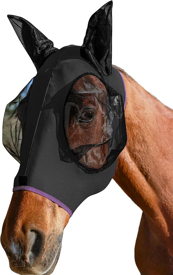 Horse Fly Mask with Ears, UV Protection for Horses, Elasticity with Big Mesh Eye Covers, Snug Fitting Comfortable Breathable Lightweight for Horses Black Cob