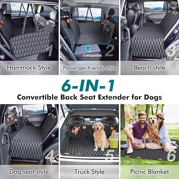 XL Back Seat Extender for Dogs-Supports 400lb,Waterproof Dog Car Seat Cover Hard Bottom-Detachable,600D Heavy Duty Scratch Proof Nonslip Soft,Dog Hammock for Car,SUVs