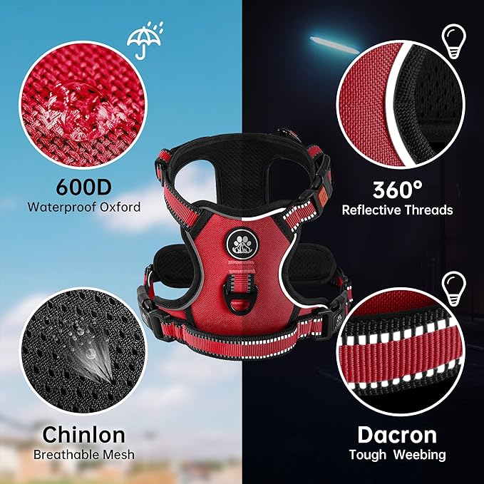 NESTROAD No Pull Dog Harness,Adjustable Oxford Dog Vest Harness with Leash,Reflective No-Choke Pet Harness with Easy Control Soft Handle for Large Dogs(Large,Red)