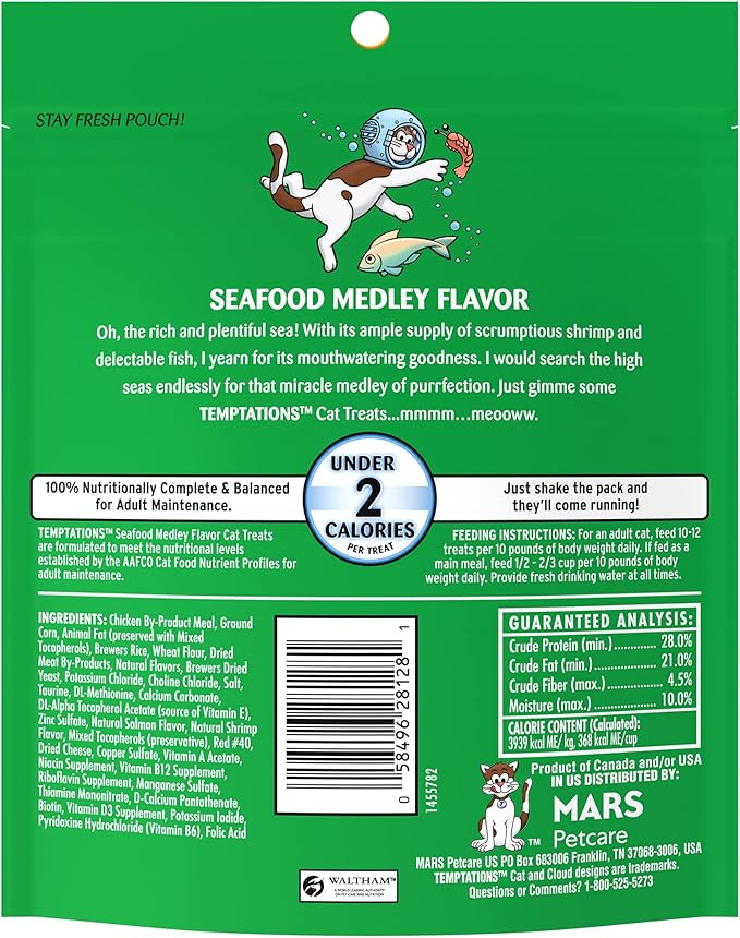 Temptations Classic Crunchy and Soft Cat Treats, Seafood Medley Flavor, 6.3 oz. Pouch (Pack of 10)