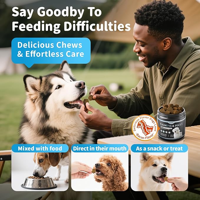 Calming Chews for Dogs – Calming Treats for Anxiety, Stress, Separation, Travel&Thunder, Relaxation & Focus Support with L-Theanine, Valerian Root, Chamomile & Ashwagandha, Bacon Flavor, 60Ct