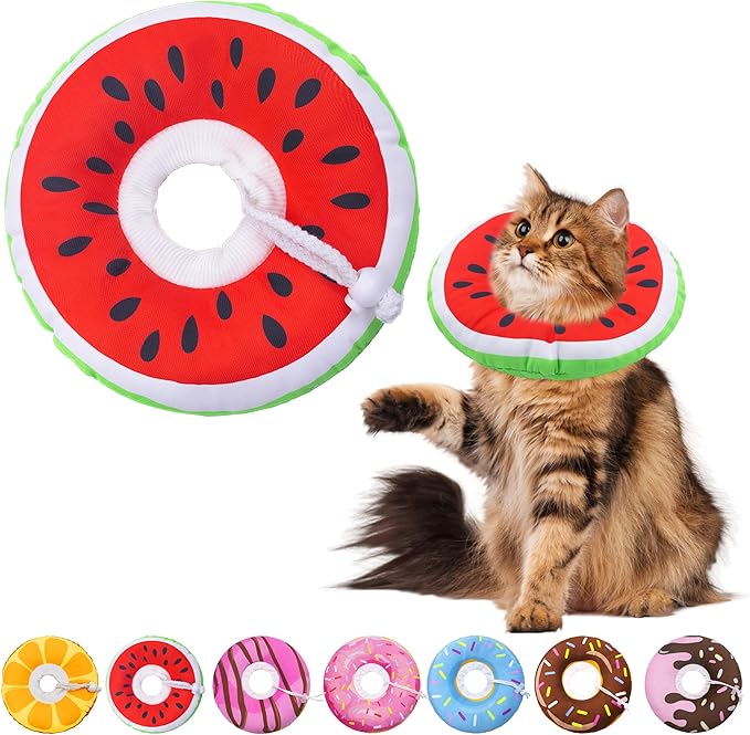 Cat Cone Collar Soft, Adjustable Cat Recovery Collars Kitten Cones to Stop Licking, Cute Donut E Collar After Surgery, Wound Healing Elizabethan Collar for Kittens (Watermelon, Large)