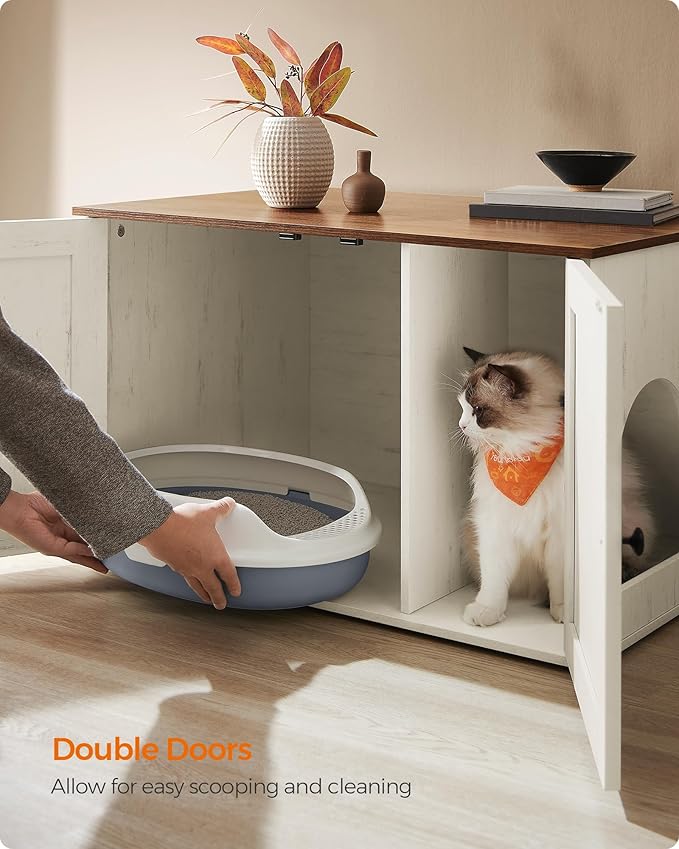 Feandrea Cat Litter Box Enclosure, Litter Box Furniture Hidden with Removable Divider, Indoor Cat House, End Table, 31.5 x 20.9 x 19.7 Inches, Honey Brown and Rustic White UPCL002P01