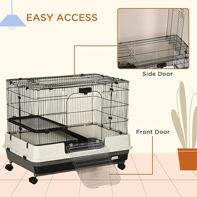 PawHut 26" Small Animal Cage with Wheels, 2-Level Portable Bunny Cage, Chinchilla Ferret Cage with Removable Tray, Platform and Ramp