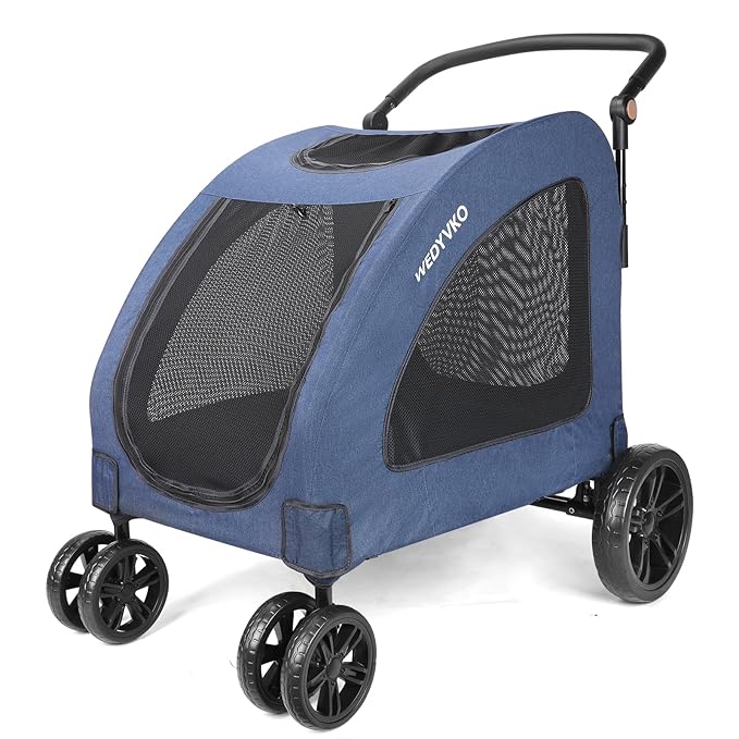 Large Dog Travel Stroller with 4 Heavy Duty Wheels Pet Stroller with Adjustable Handle - Double Doggie Capacity Jogger Wagon with Back Front Door for Small Medium Large Dogs (Navy)