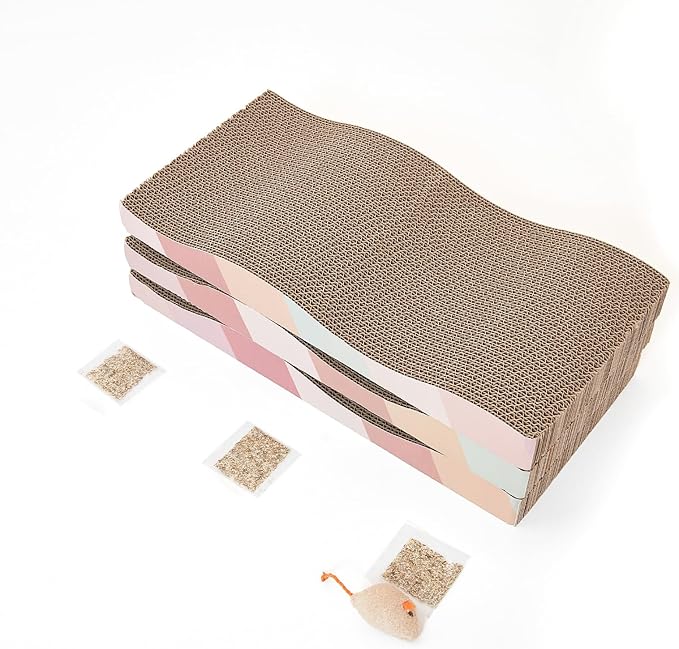 Cat Scratching Pads Cardboard Cat Scratchers for Indoor Cats Reversible Large Wide Corrugated with Catnip and Mini Toy (3pcs)