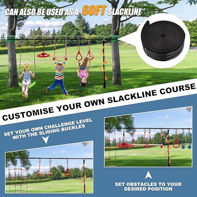 Slsy 60FT Ninja Warrior Obstacle Course (13 Obstacles), Ninja Slackline Kit for Kids, Durable Playset Equipment with 13 Most Complete Set-Monkey Bar,Swing, Balance Belt, Climbing Ladder & Net